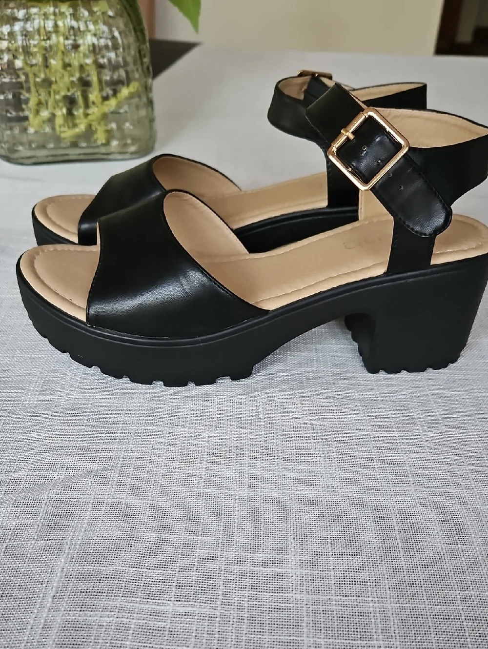 Krush Black Faux Leather Platform Block Heel Sandals - Women's
